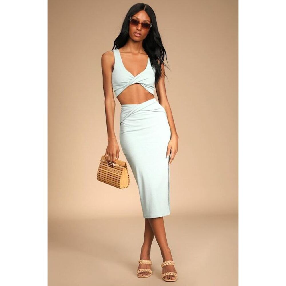 Lulus Make My Move Mint Blue Ribbed Twist-front Two-piece Midi Dress - Size M